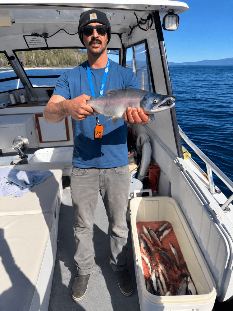 Man on a boat holding a fish, with more fish in a cooler.